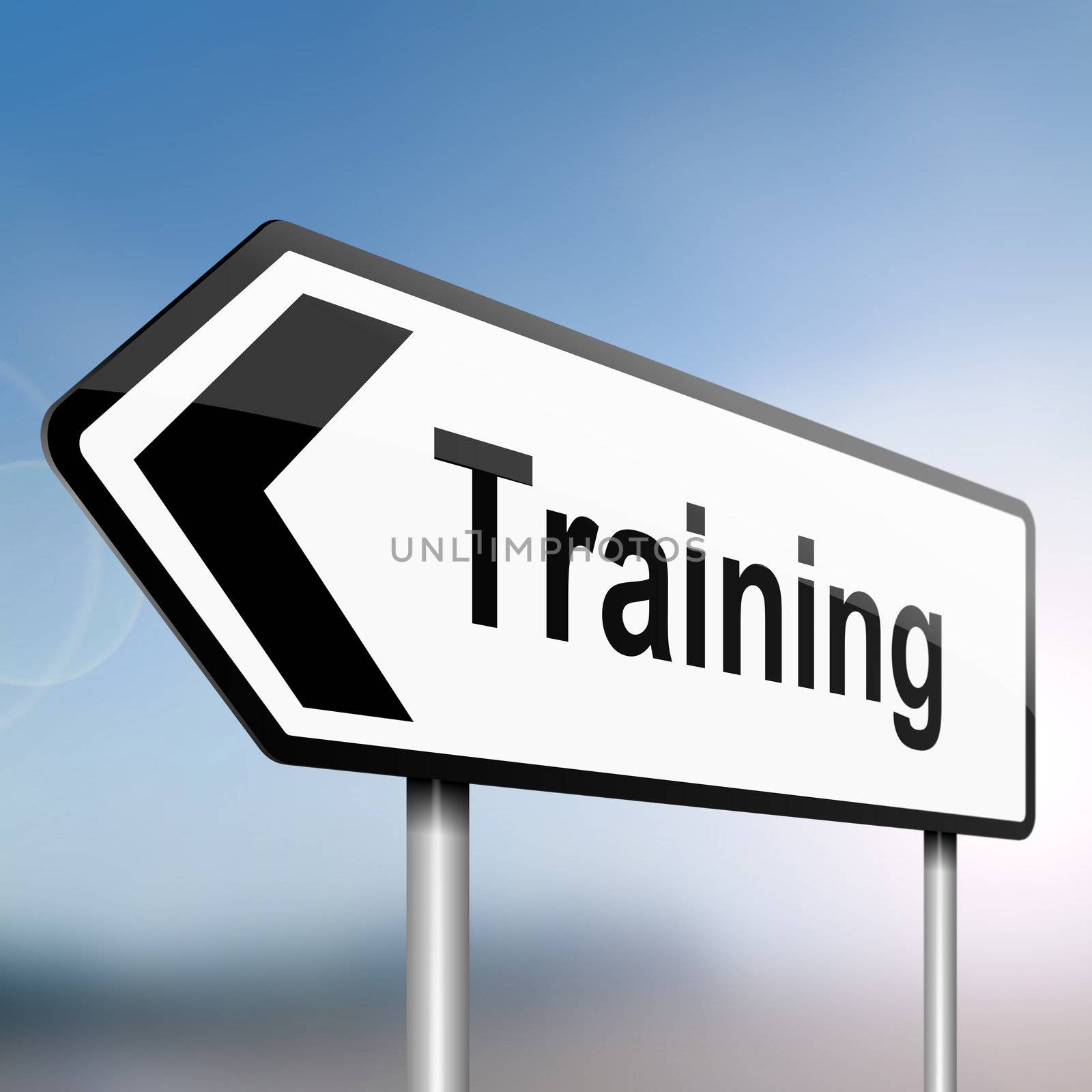illustration depicting a sign post with directional arrow containing a training concept. Blurred background.