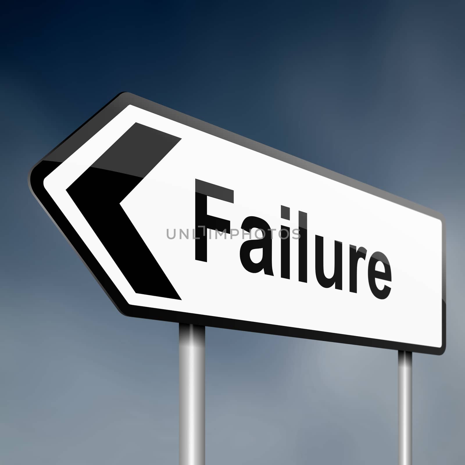 illustration depicting a sign post with directional arrow containing a failure concept. Blurred background.