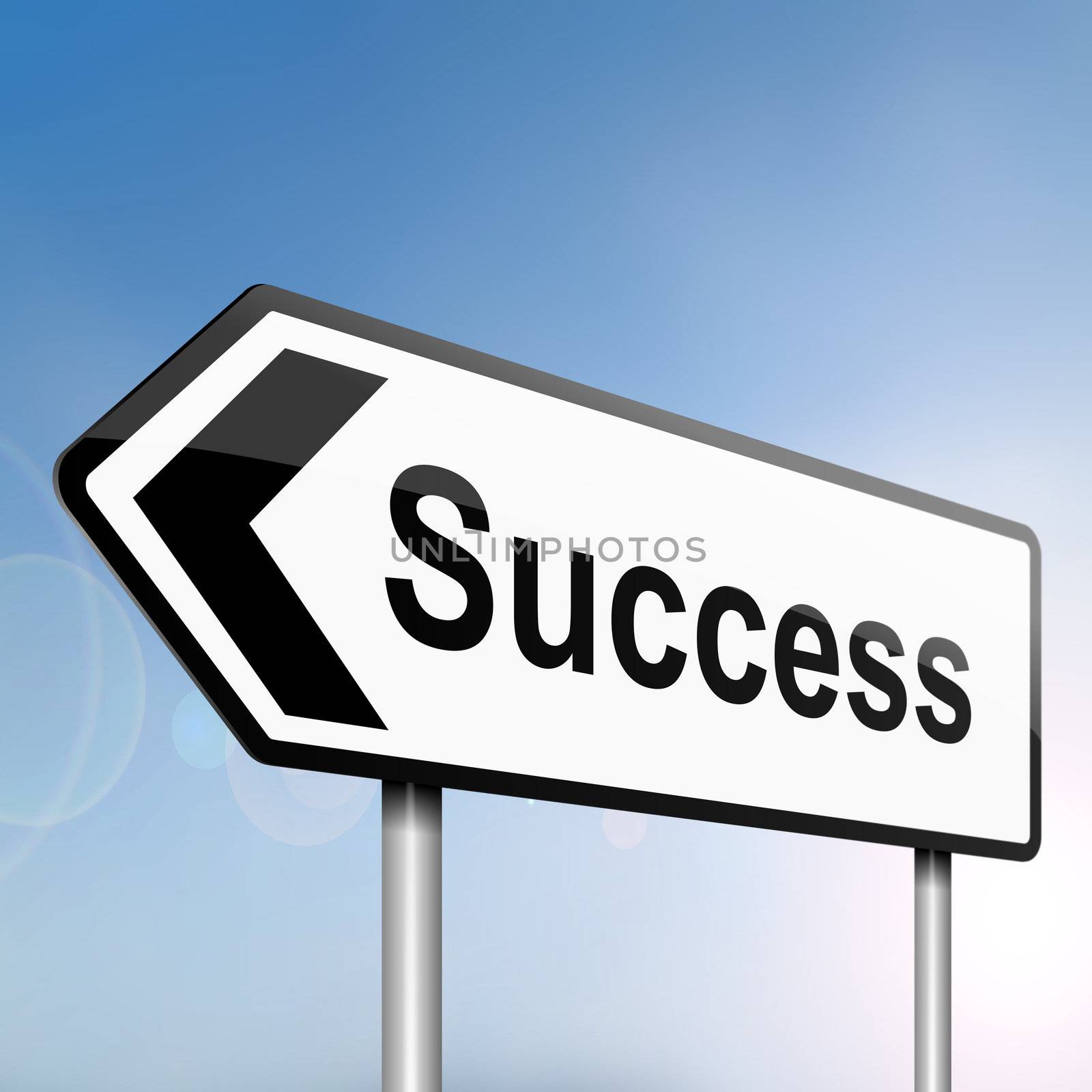 illustration depicting a sign post with directional arrow containing a success concept. Blurred background.