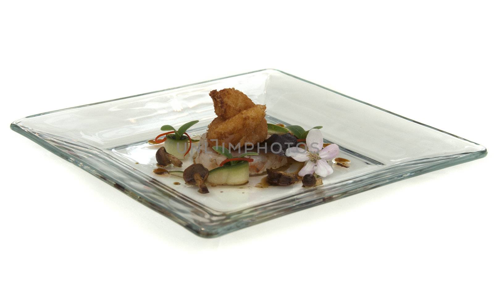 plate with fish cuisine isolated on white