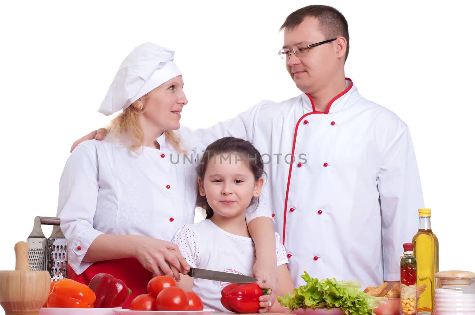 family cooking, making a meal, white background