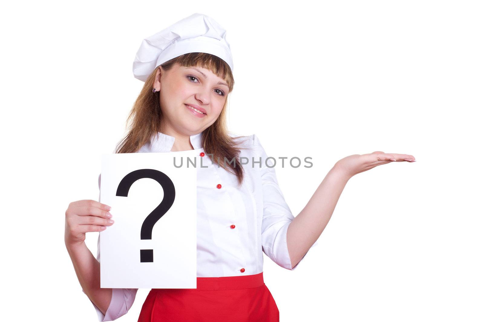 woman holding a plate with a question mark