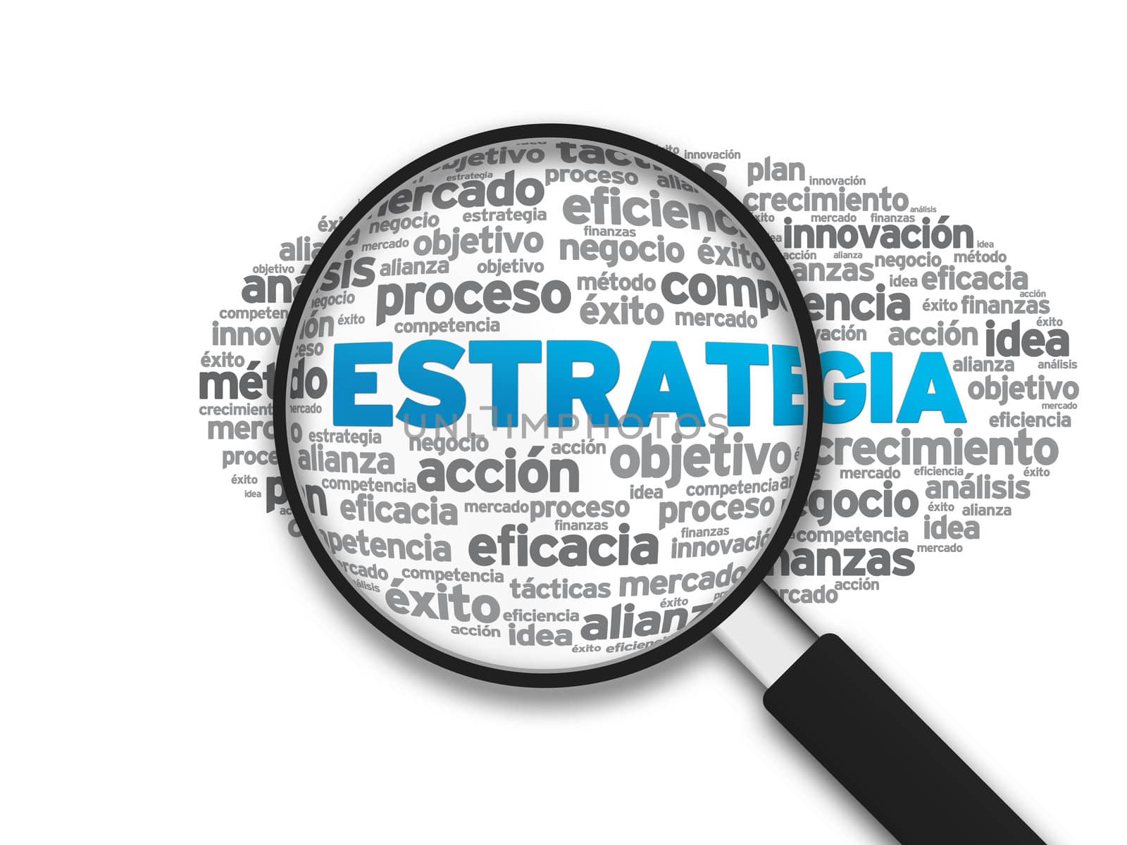 Magnified illustration with the word Estrategia on white background.