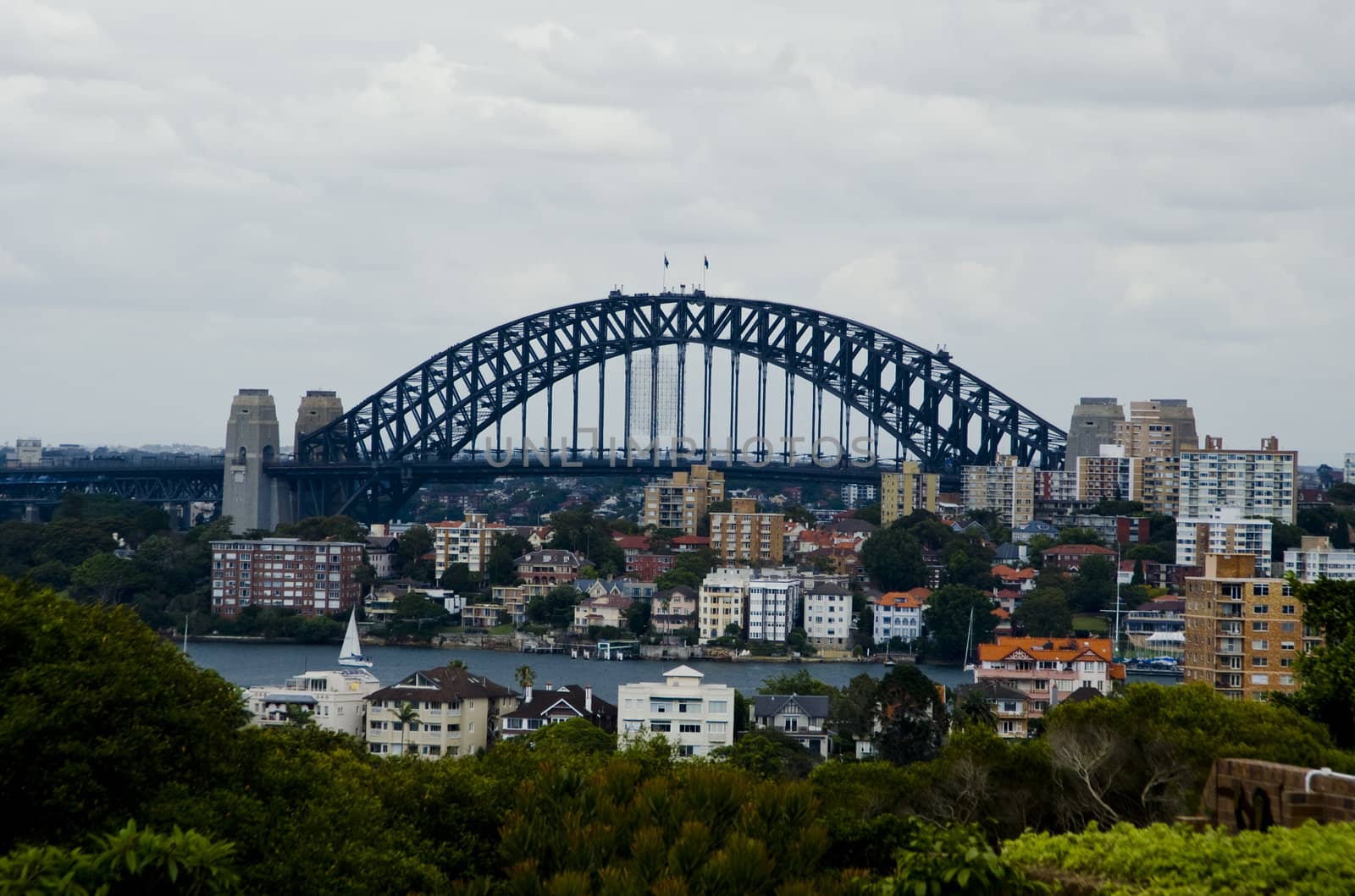 Town view. Sydney Harbour Bridge. World known bridge. Also known as "Coat hanger".