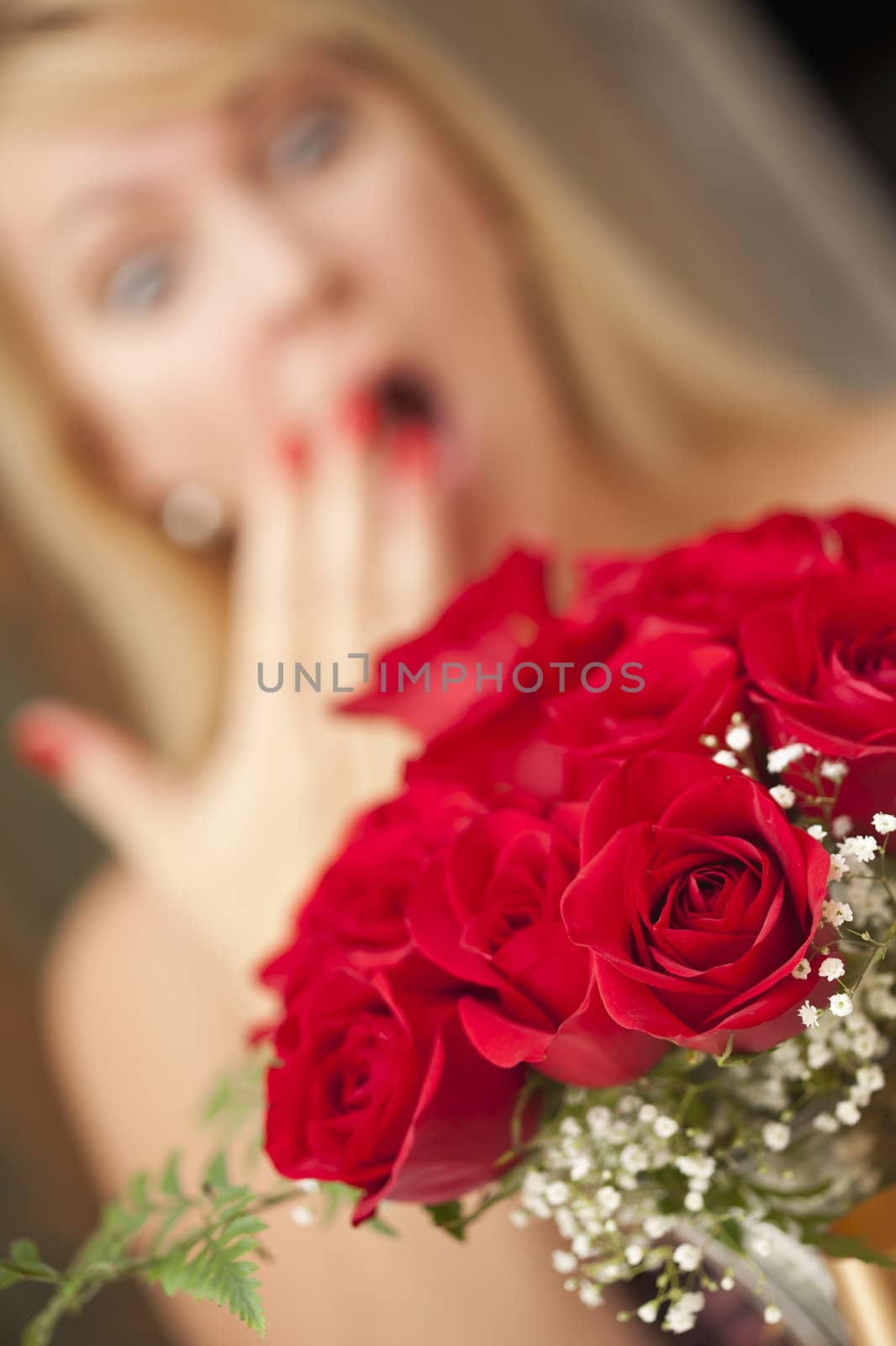 Surprised Attractive Blonde Woman Accepts Gift of Red Roses.