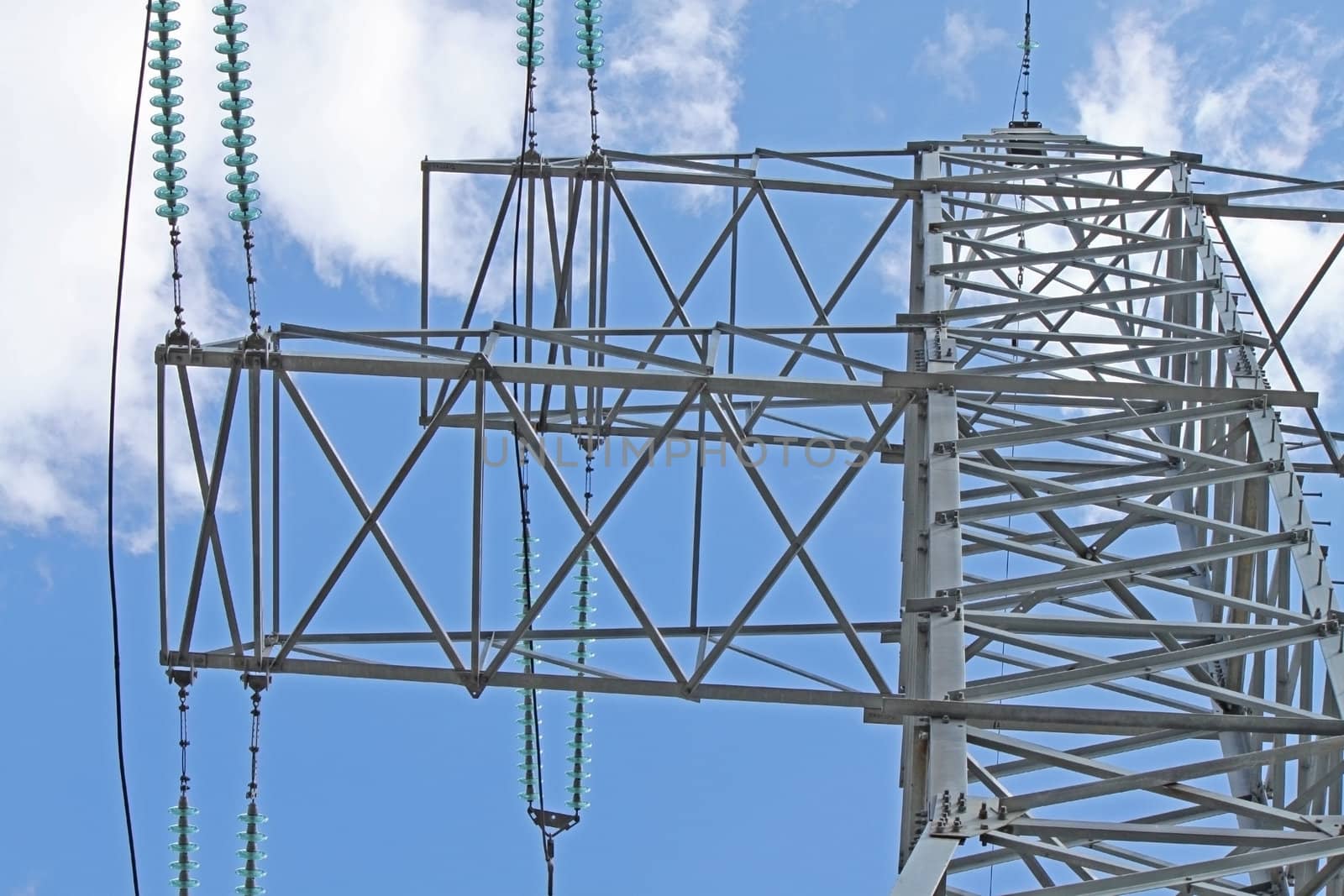 View of electricity pylon and power lines 