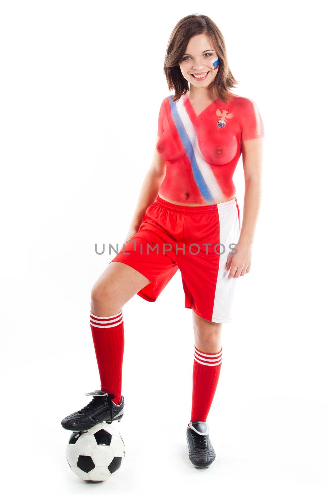 Photo of a beautiful young girl, the upper body is painted with colors in the style of the shape of the Russian national team