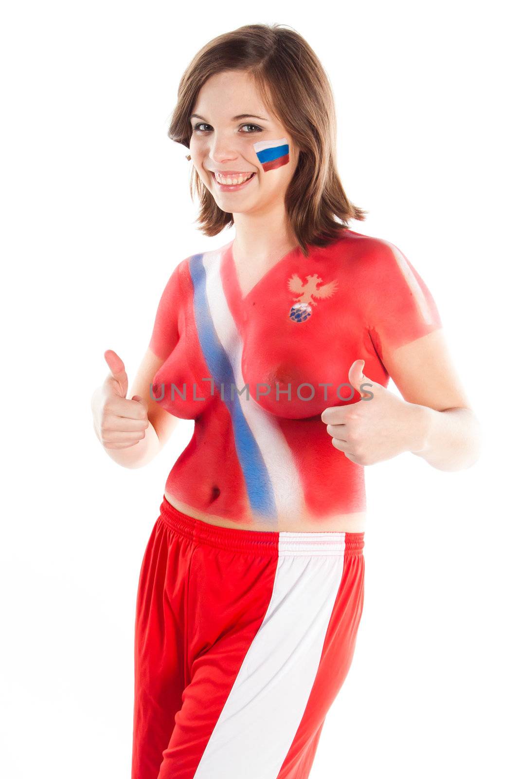 Photo of a beautiful young girl, the upper body is painted with colors in the style of the shape of the Russian national team