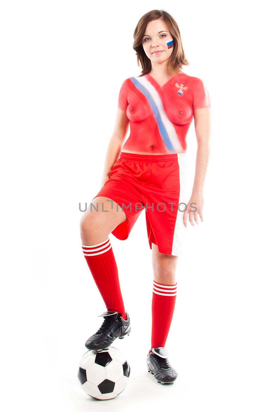 Photo of a beautiful young girl, the upper body is painted with colors in the style of the shape of the Russian national team