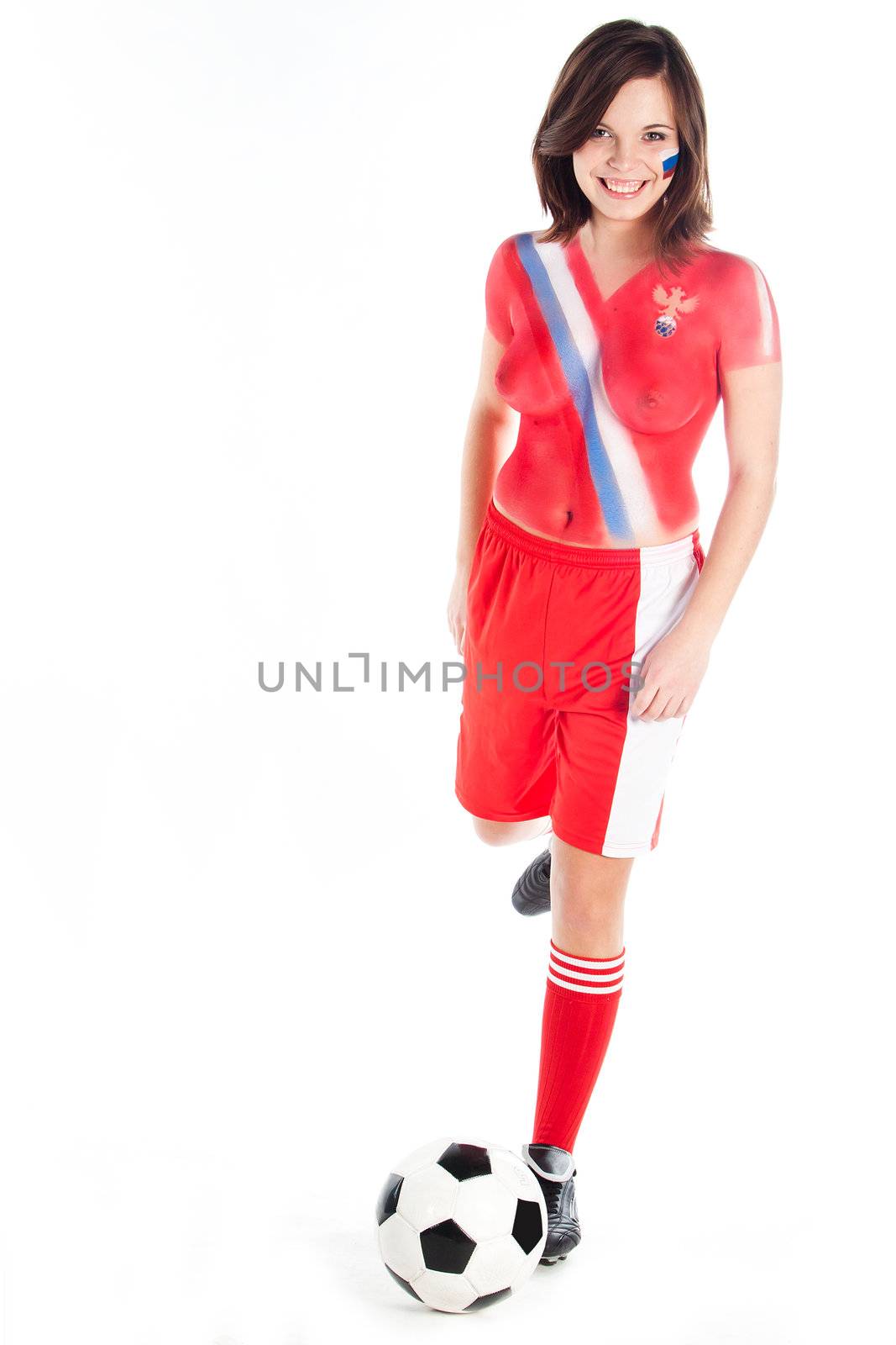 Photo of a beautiful young girl, the upper body is painted with colors in the style of the shape of the Russian national team
