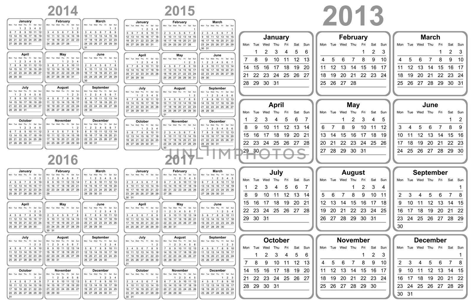 Calendar 2012, 2013, 2014, 2015, 2016, 2017