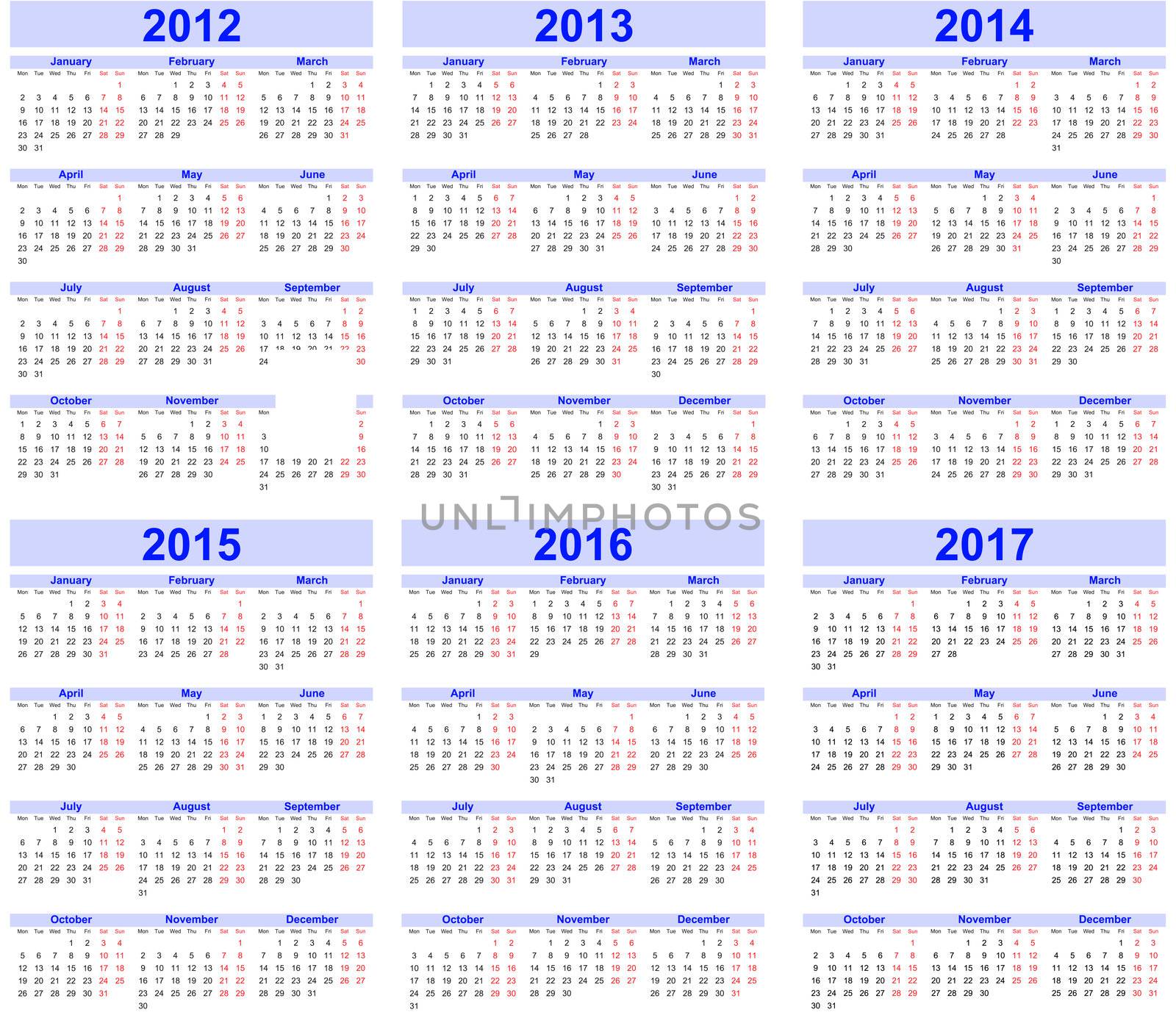Calendar 2012, 2013, 2014, 2015, 2016, 2017 by motorolka