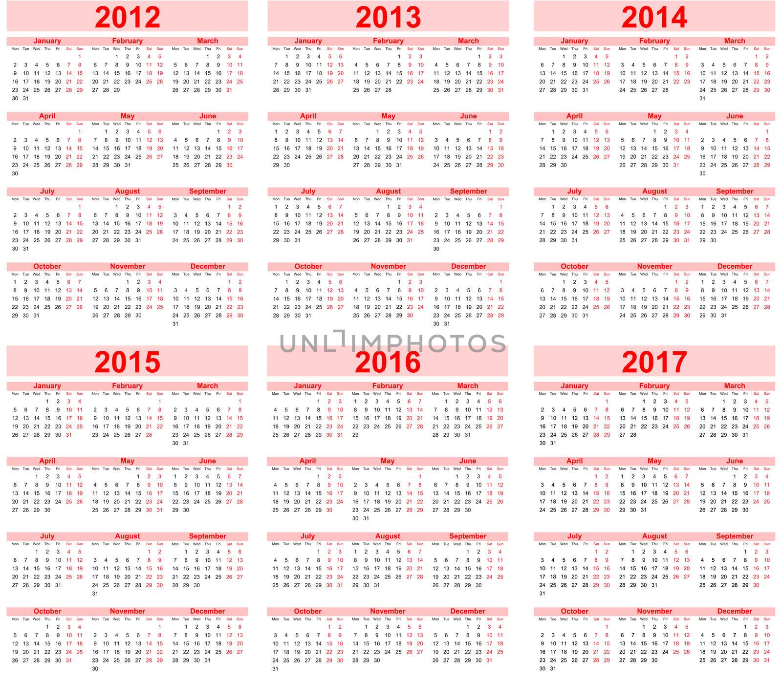 Calendar 2012, 2013, 2014, 2015, 2016, 2017 by motorolka