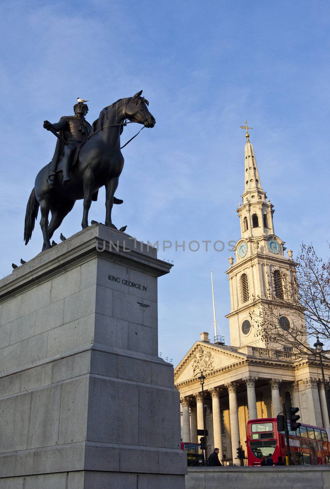 King George IV Statue and St Martin-in-the-Fields Church in London.