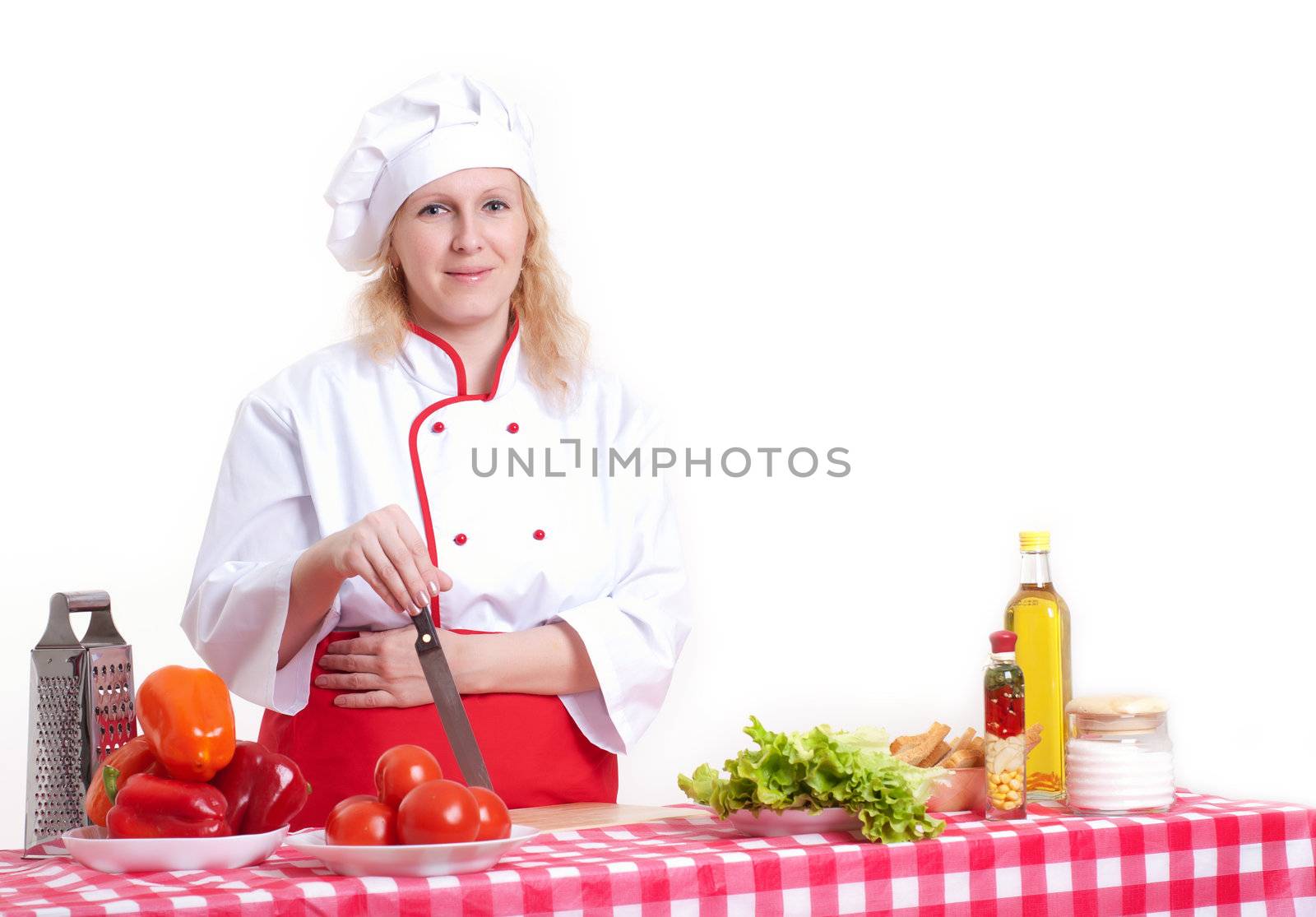 Portrait of attractive cook woman, holding a knife