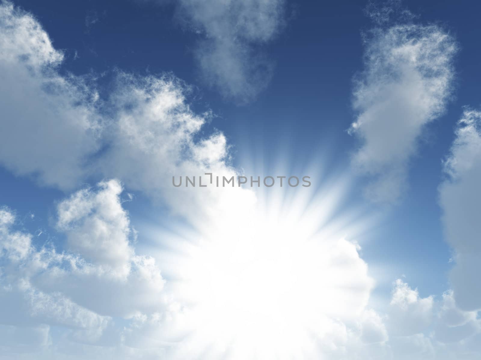bright solar beams which are making the way through clouds on a background of the blue sky