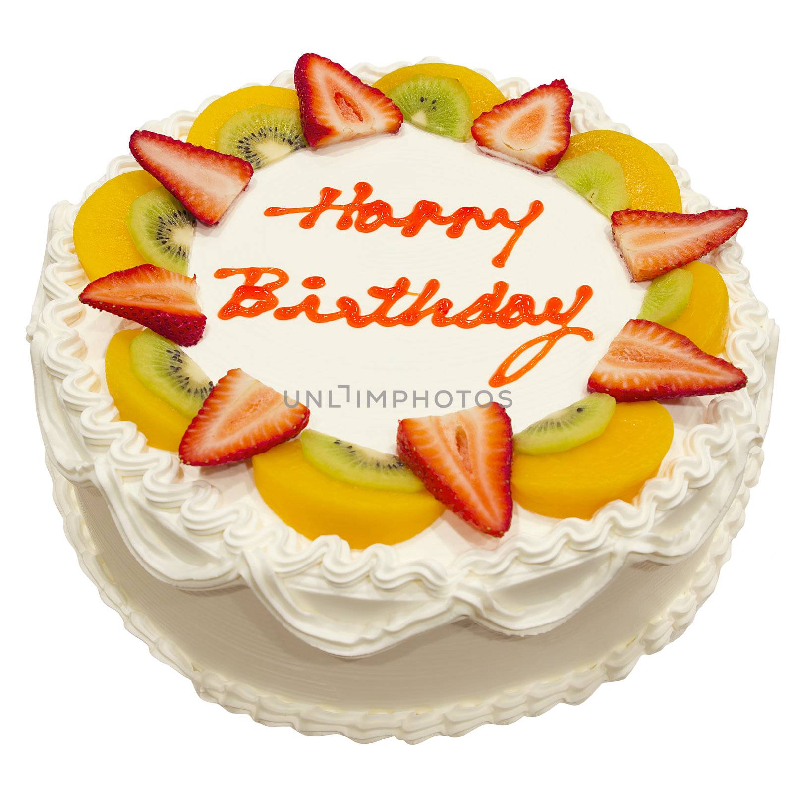 Happy Birthday Fresh Fruit Cake Isolated on White Background