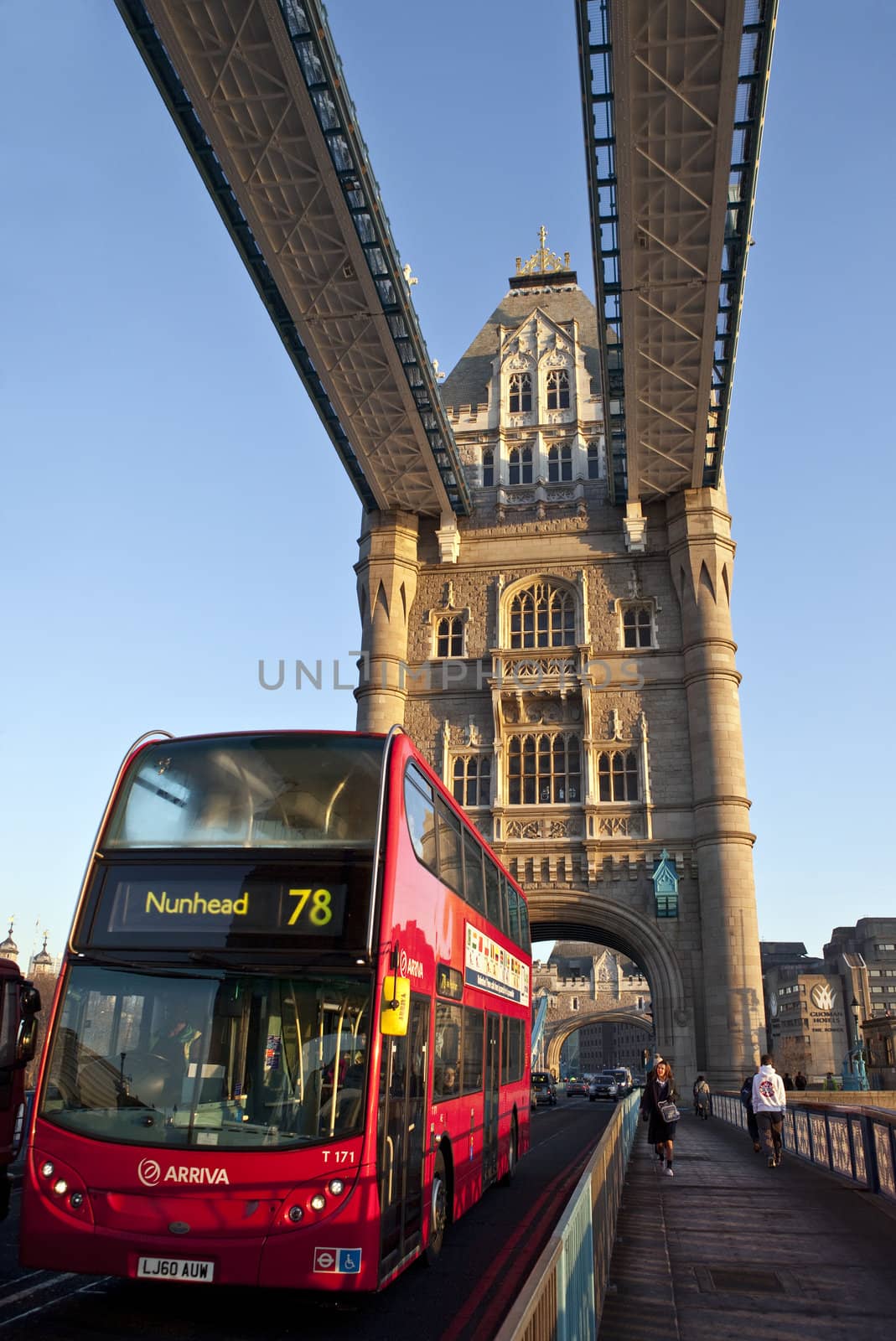 Bus Crossing Tower Bridge in London.
