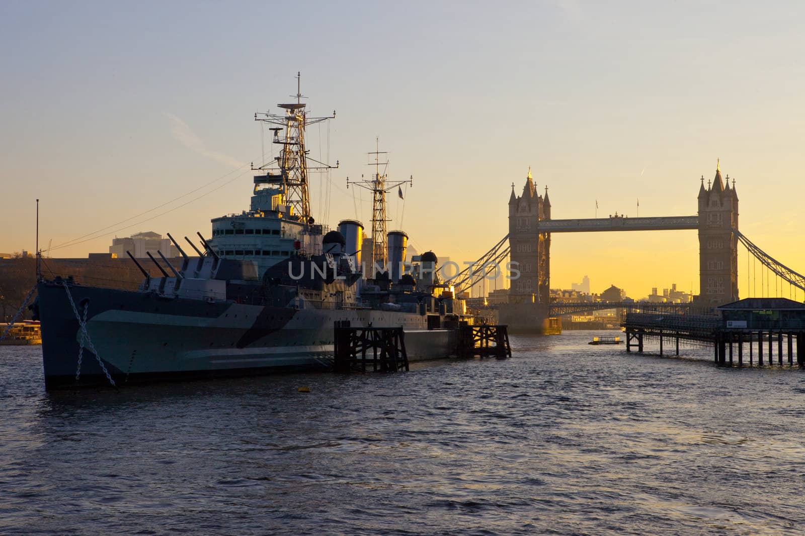 HMS Belfast and Tower Bridge at Sunrise.