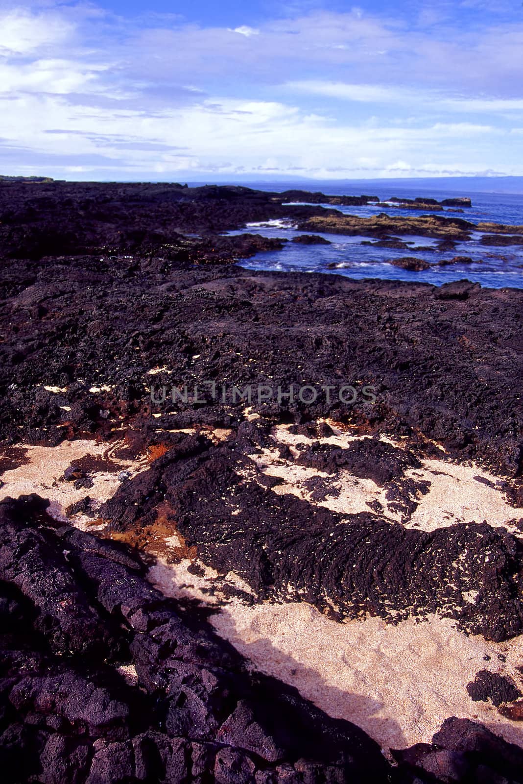 Volcanic rock covers the beach near Puerto Egas on Santiago - Galapagos Islands.