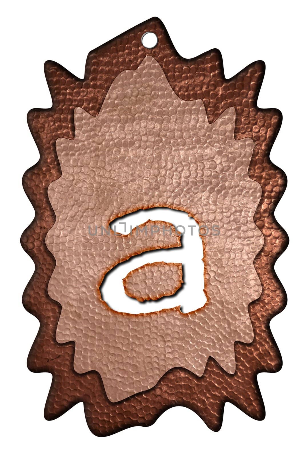 3d Letter a in bronze, on a white isolated background.
