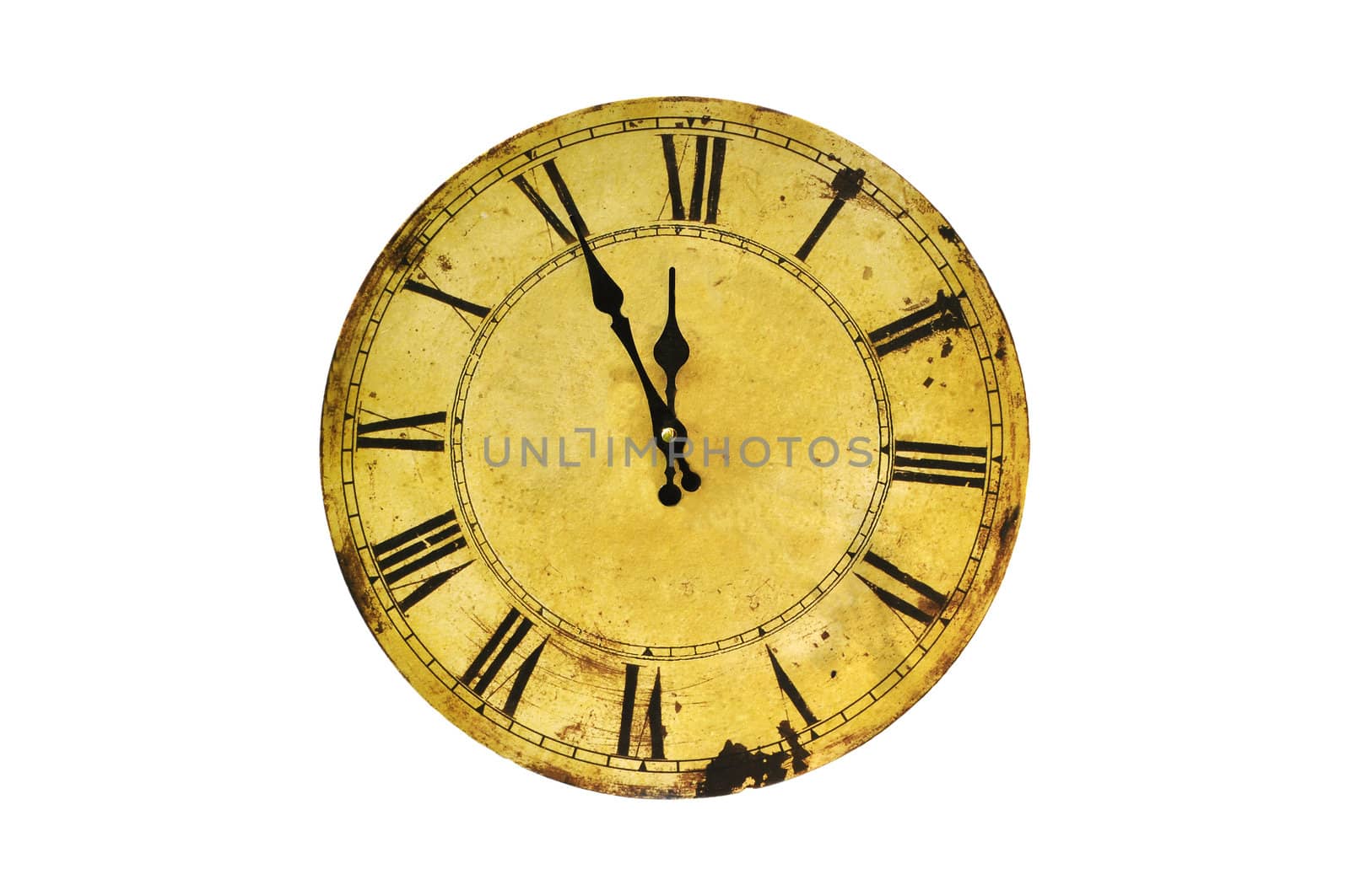Five minutes to twelve on isolated vintage clock.