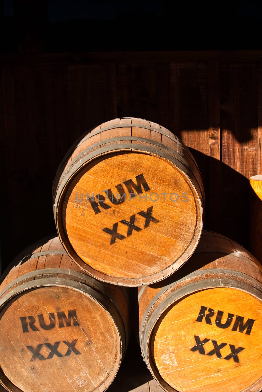 Wooden Rum barrels ringed with metal bands