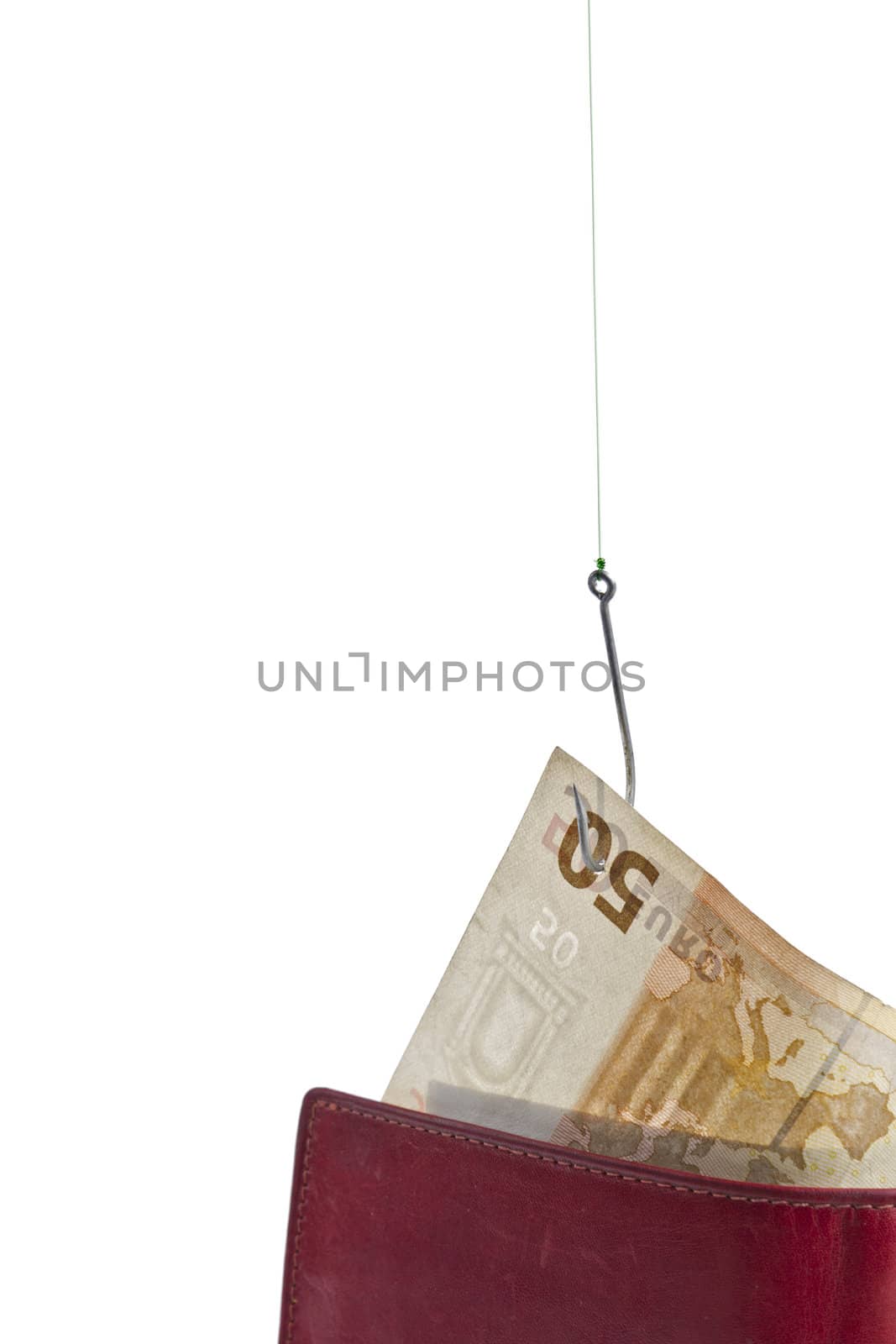 stealing cash card out of red wallet -  isolated on white background