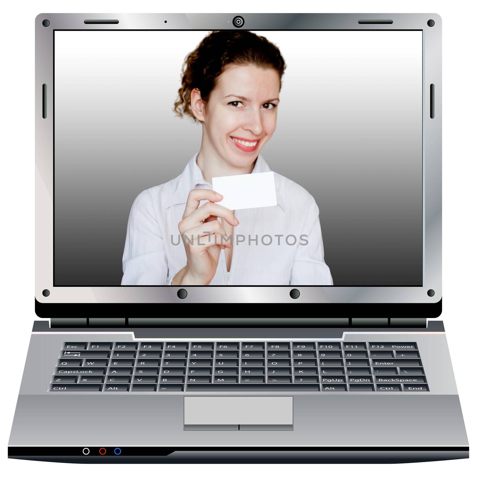 Portrait of a young pretty woman offering a business card through a laptop screen