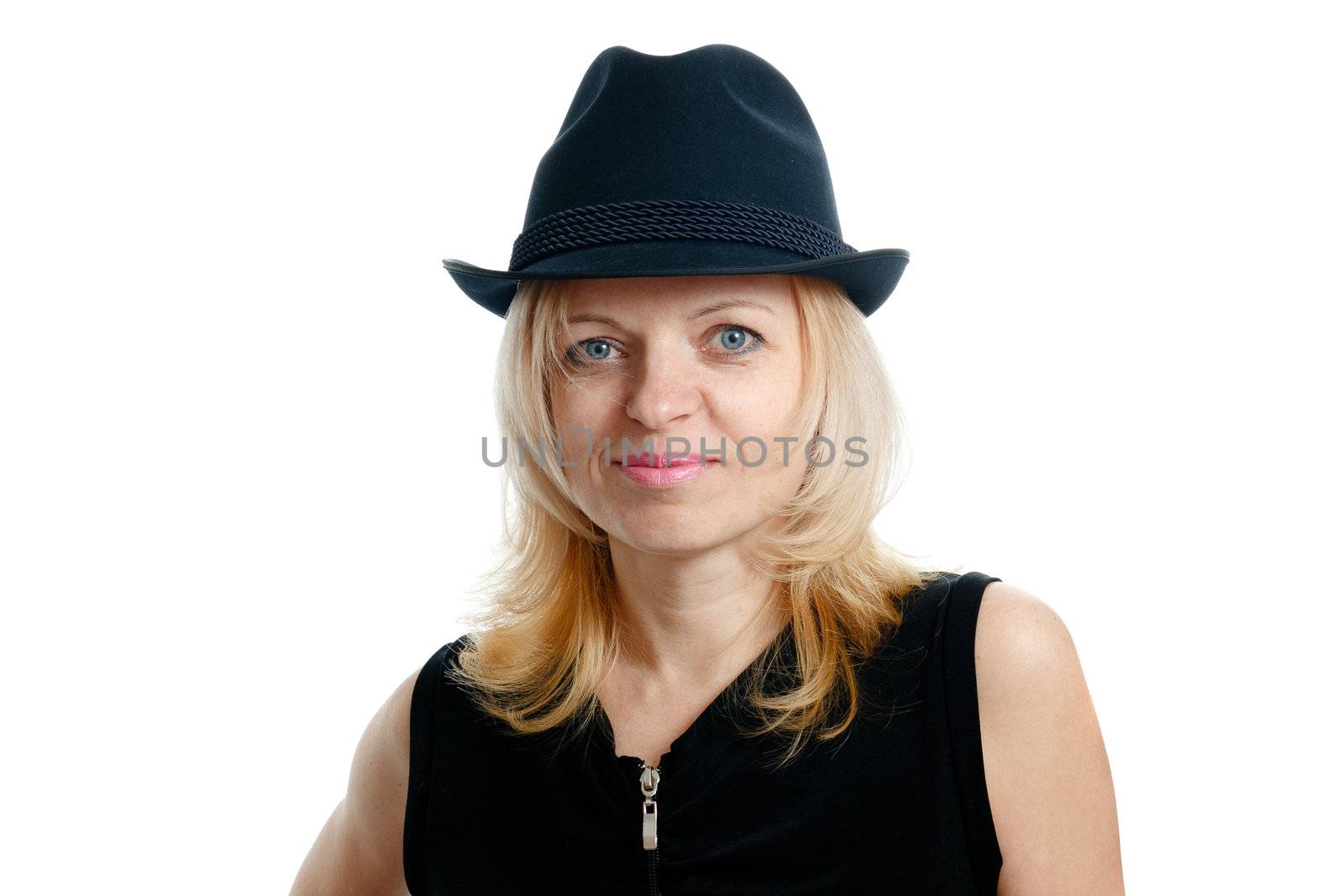 smiling woman with a black hat and black shirt on white background