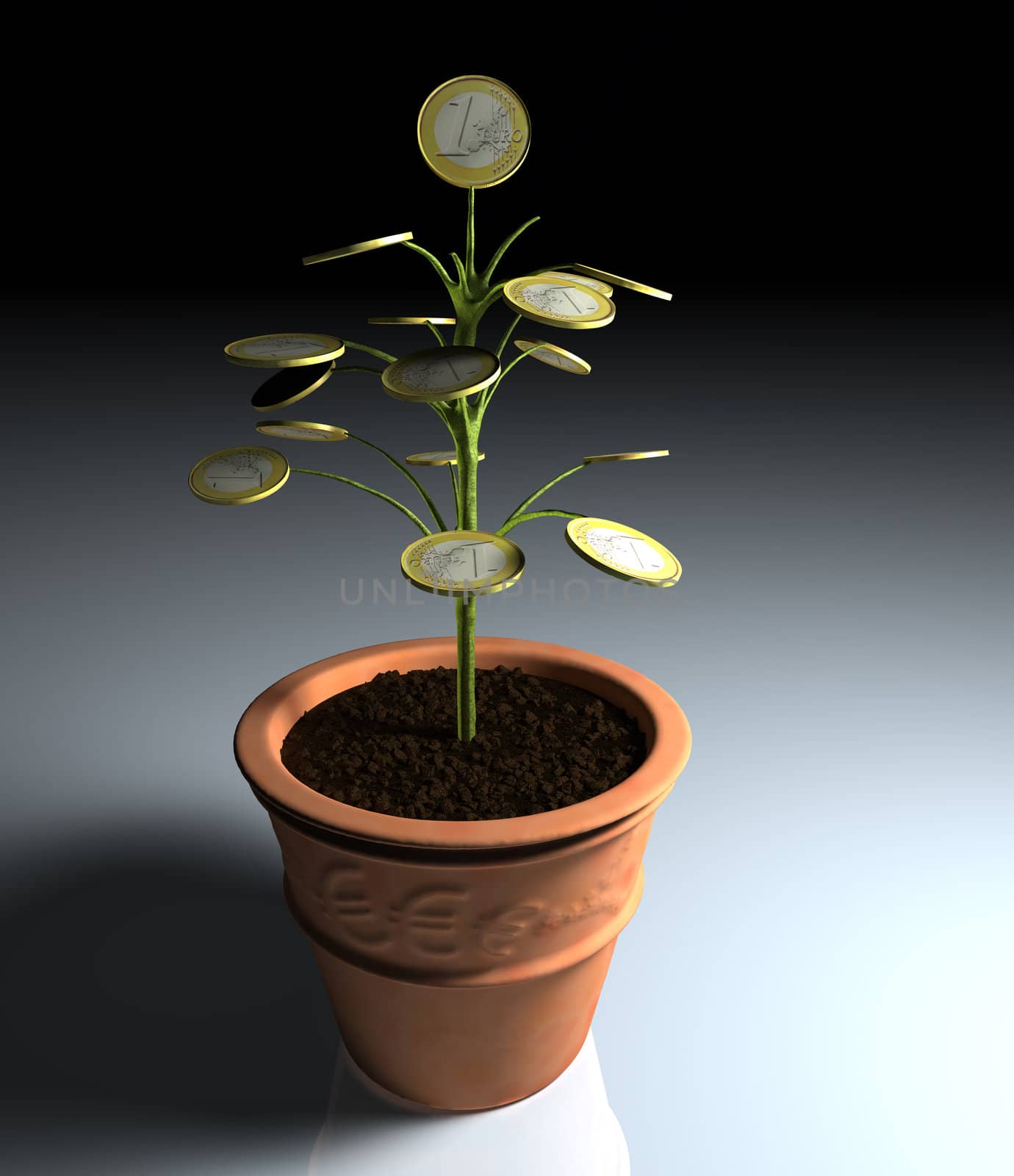 A little tree with one euro coin instead of leaves, planted in a vase, is illuminated by a dim light coming from the right side