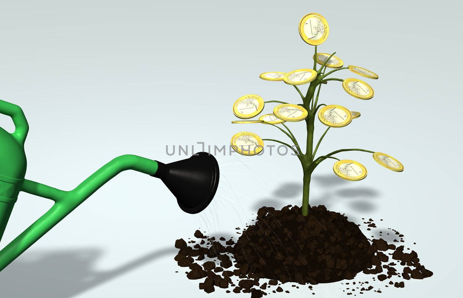 A little tree with one euro coin instead of leaves, planted in a lump of soil, is watered by a portion of watering can on a neutral background
