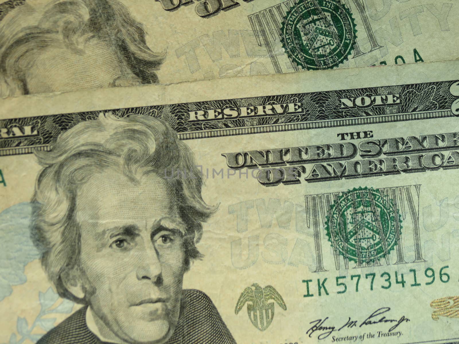 US dollar banknotes - twenty-dollar bill featuring President Andrew Jackson (1829-1837) on the front side
