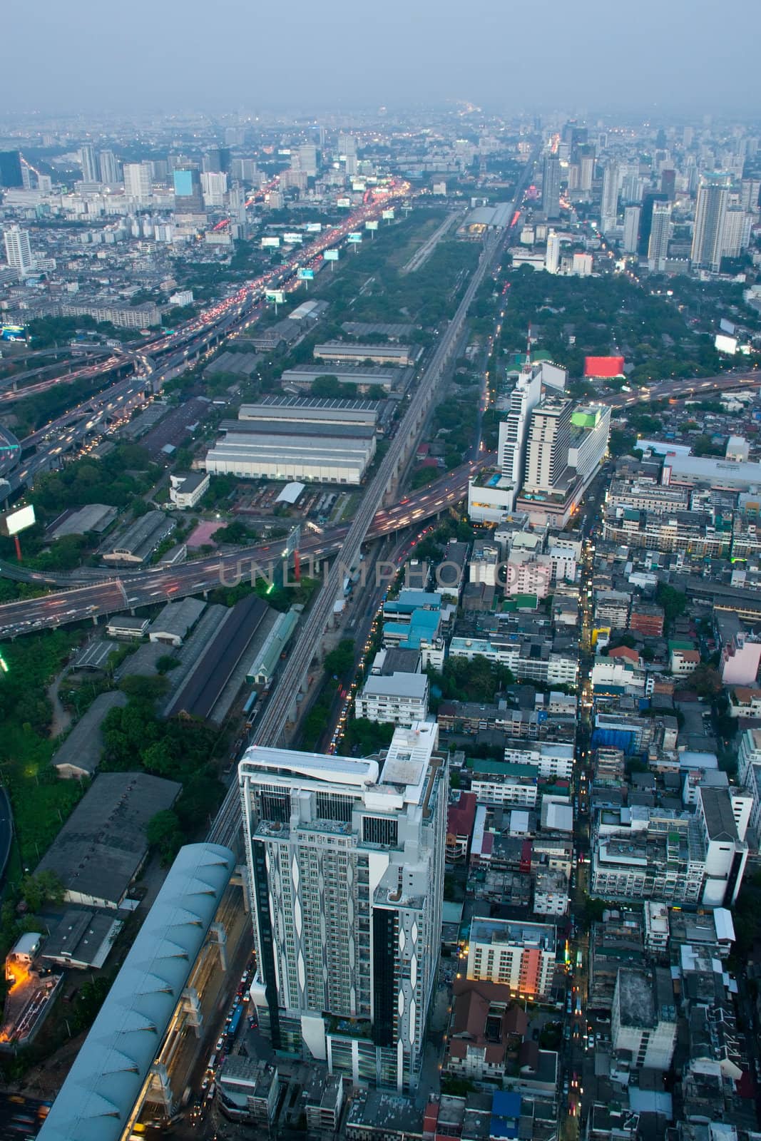 Panorama of Bangkok expressway from Baiyoke Sky Hotel, Thailand