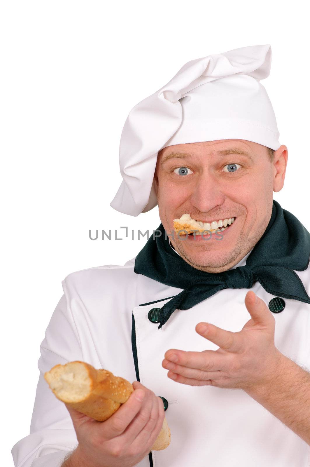 funny chef eating loaf isolated on white background