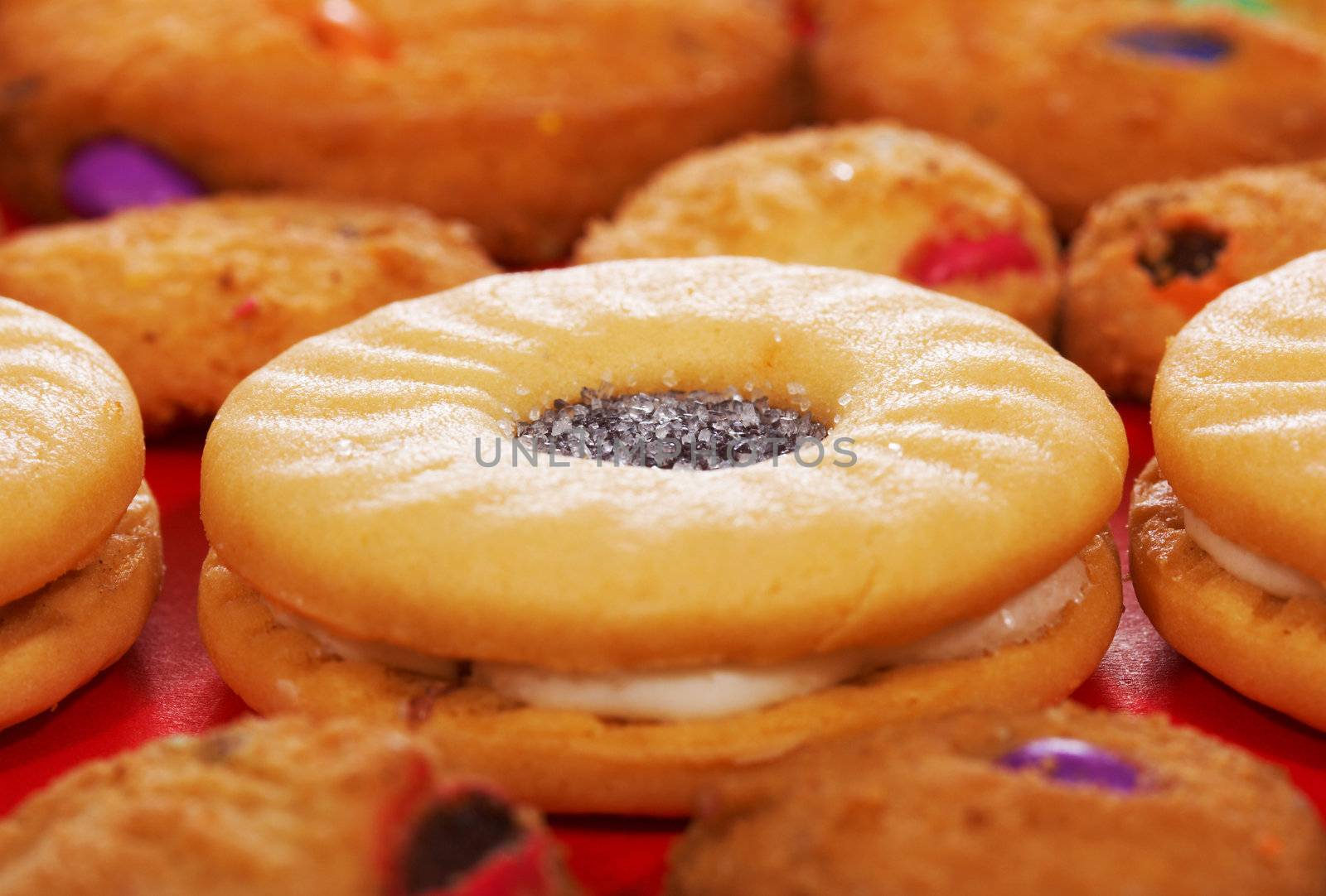 Assortment Of Biscuits Including Jam, Cream And Cookies