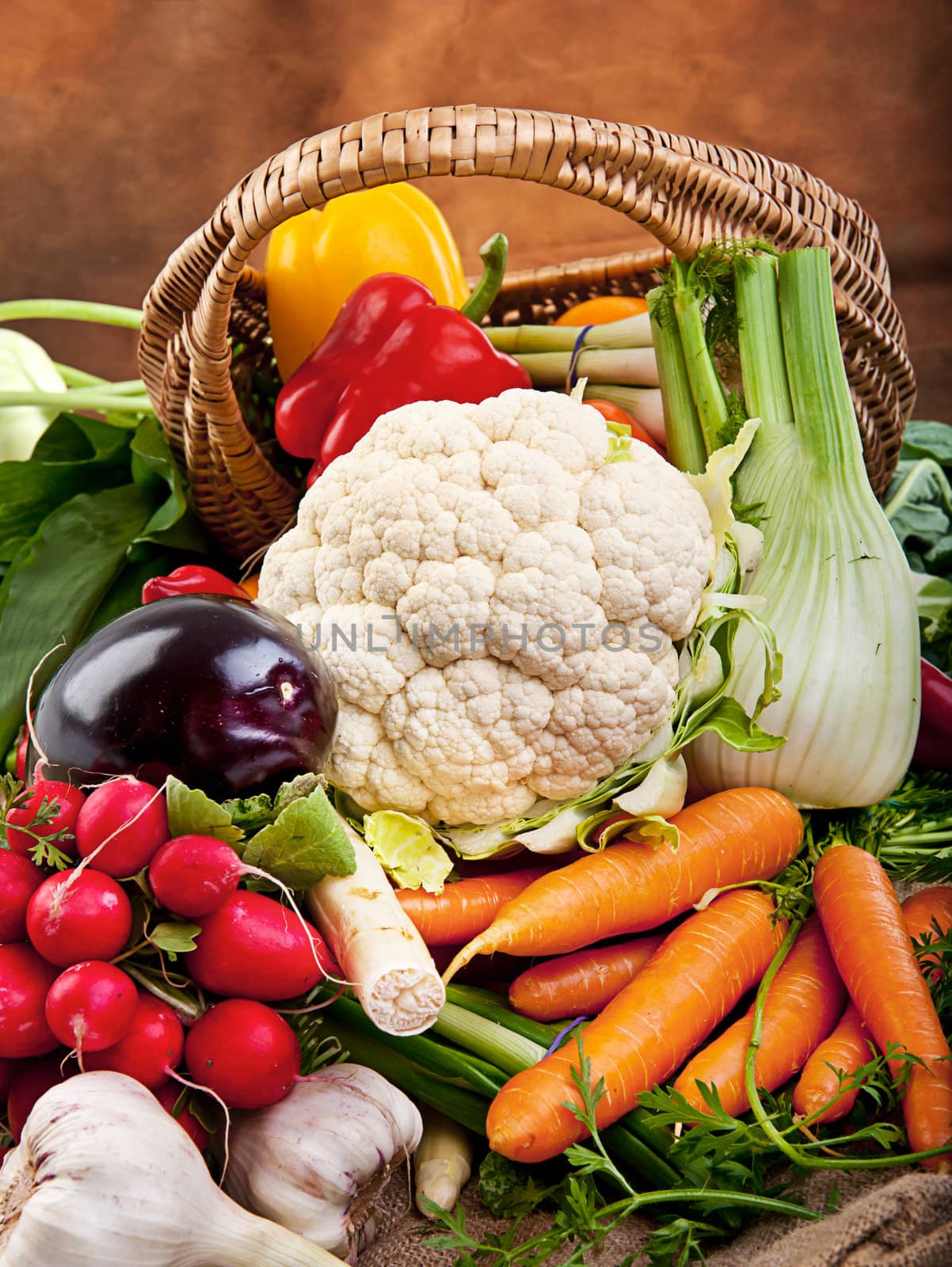 Basket full of various fresh organic vegetables from the garden
