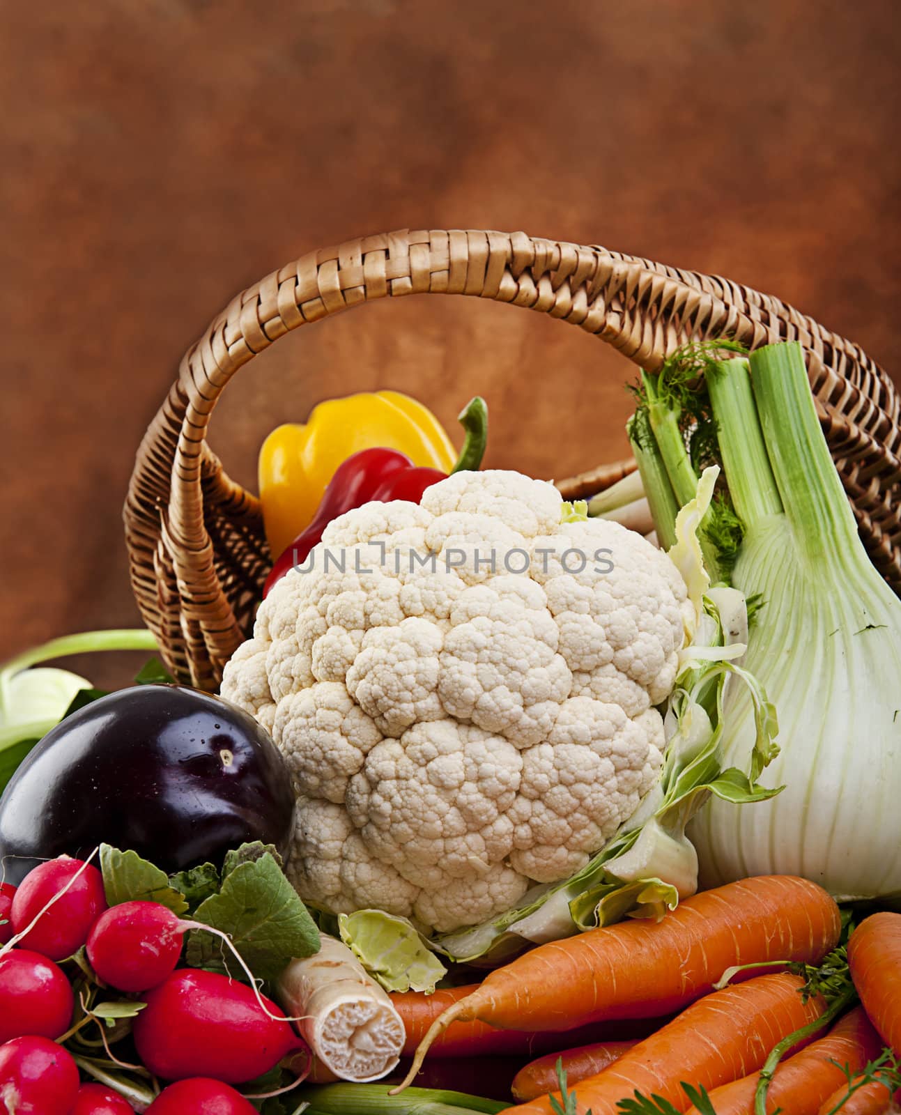 Basket full of various fresh organic vegetables from the garden