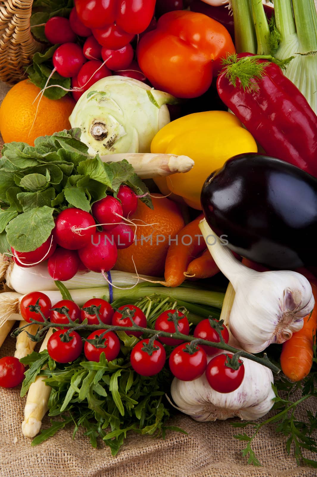 Assortment of various fresh organic vegetables from the garden