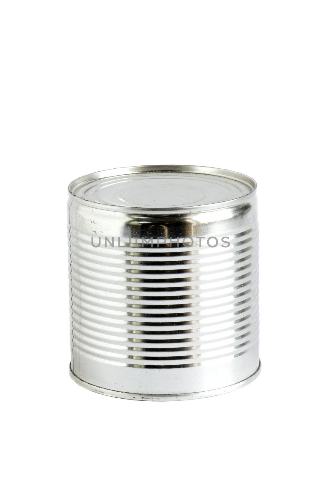 Canned peas vegetable products in metal can isolated on white background.