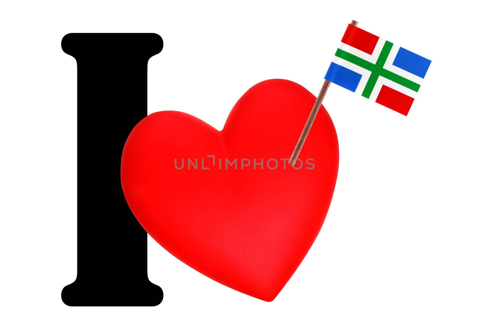 Small flag on a red heart and the word I to express love for the national flag of Groningen