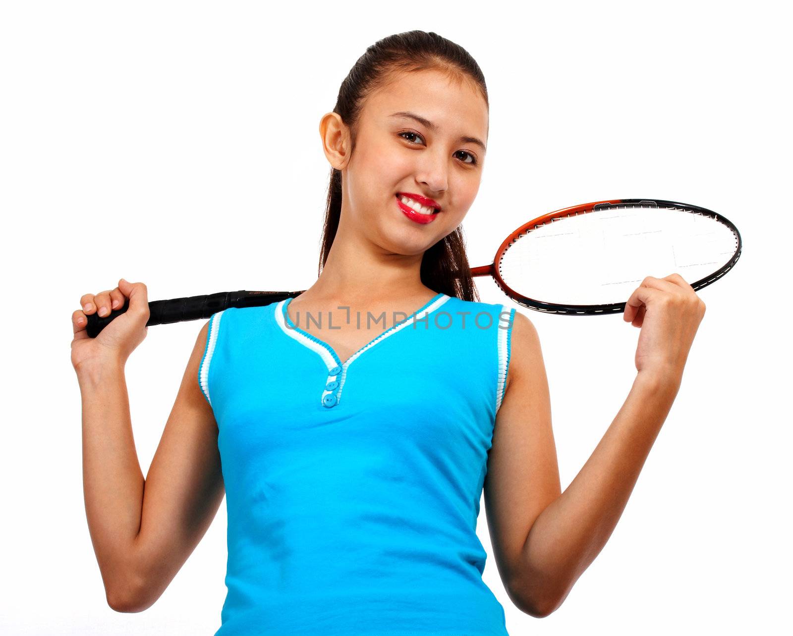 Sporty Girl Holding A Badminton Racket by stuartmiles