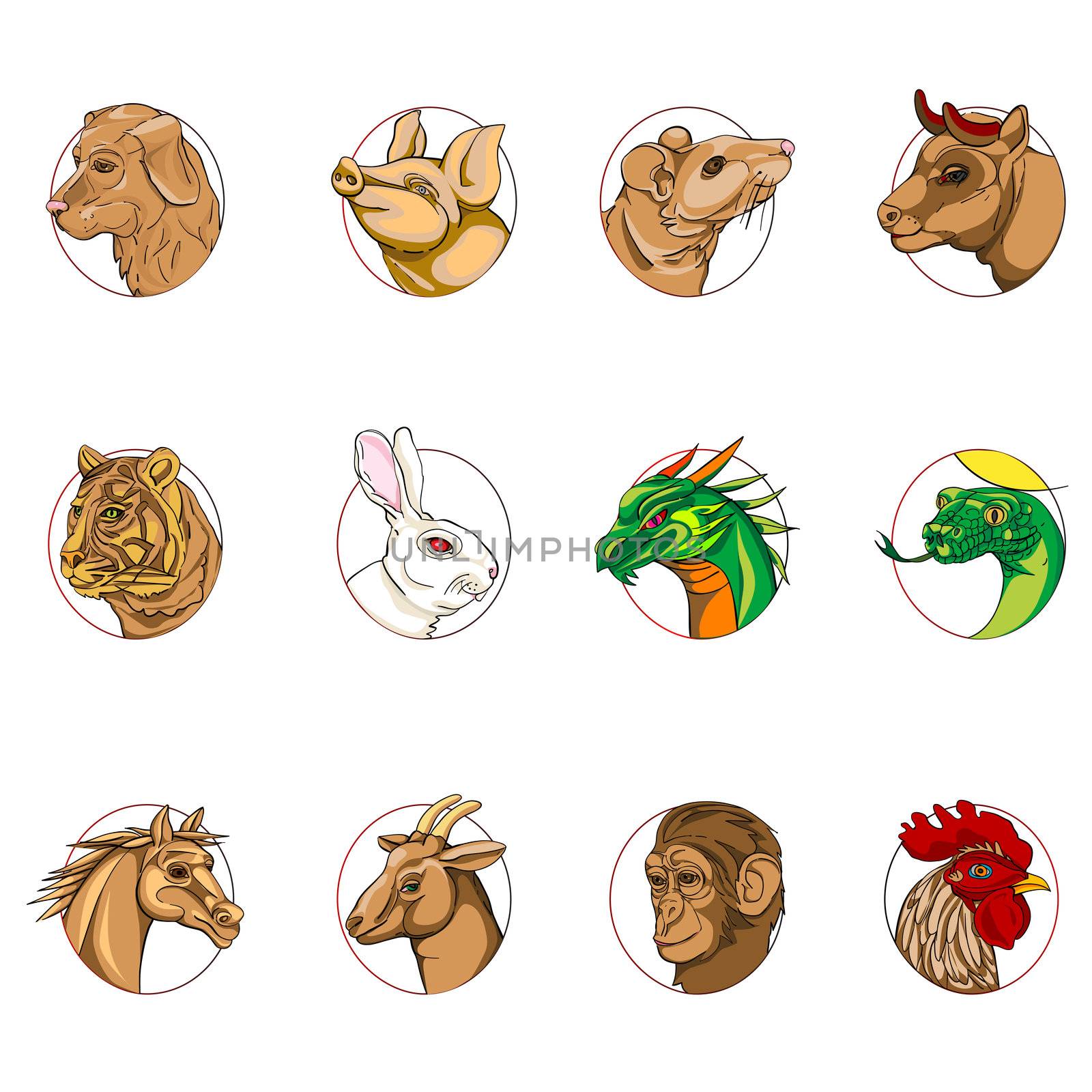 12 animals portraits, chinese zodiac signs collection isolated on white