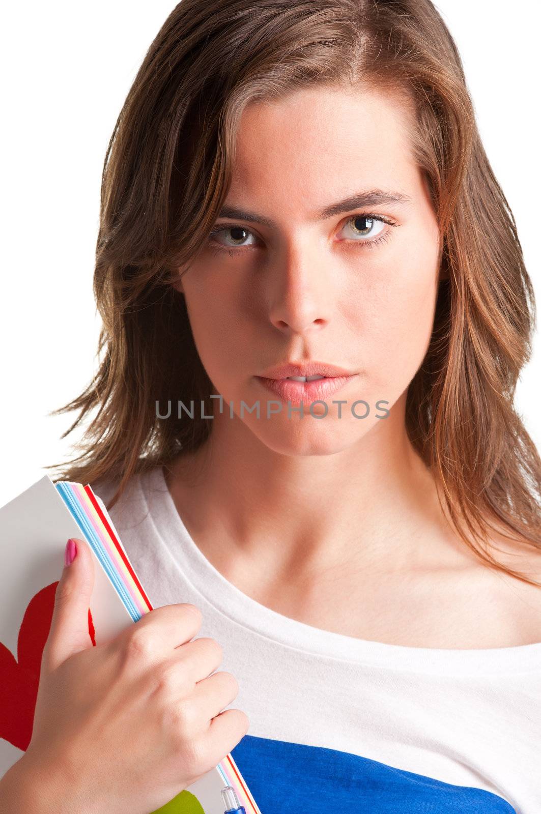 Closeup portrait of a sexy young woman carrying notebooks in her arms