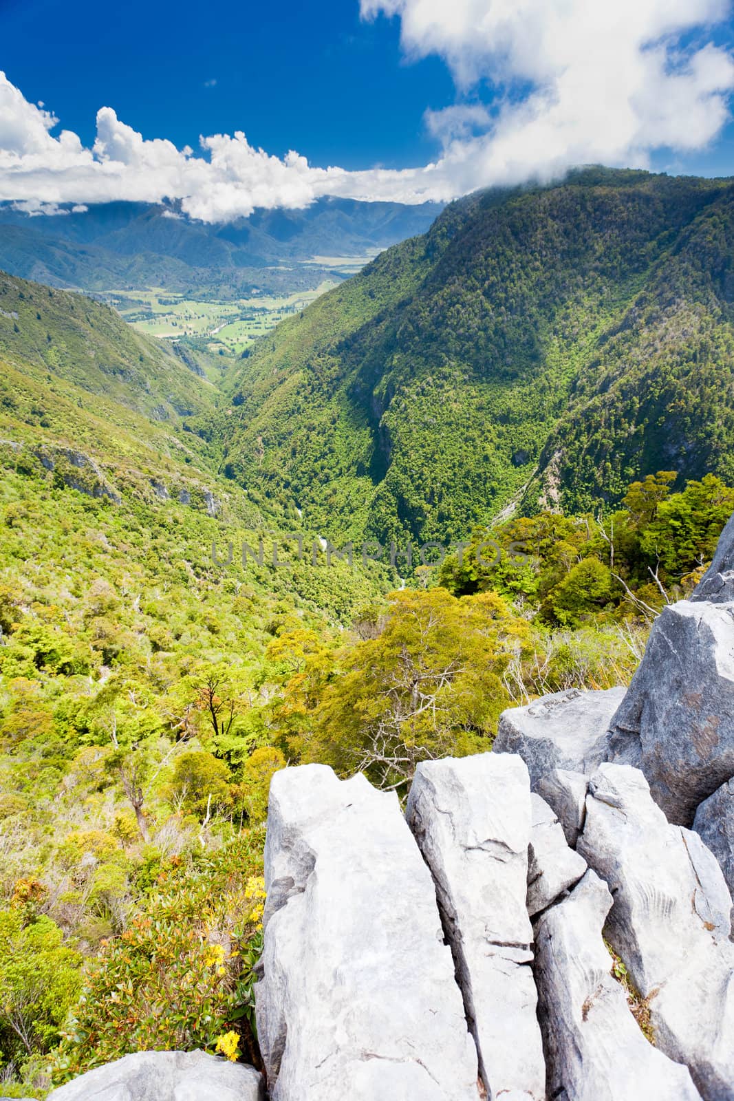 View from Takaka hill with its limestone outcroppings into Takaka valley, South Island, New Zealand