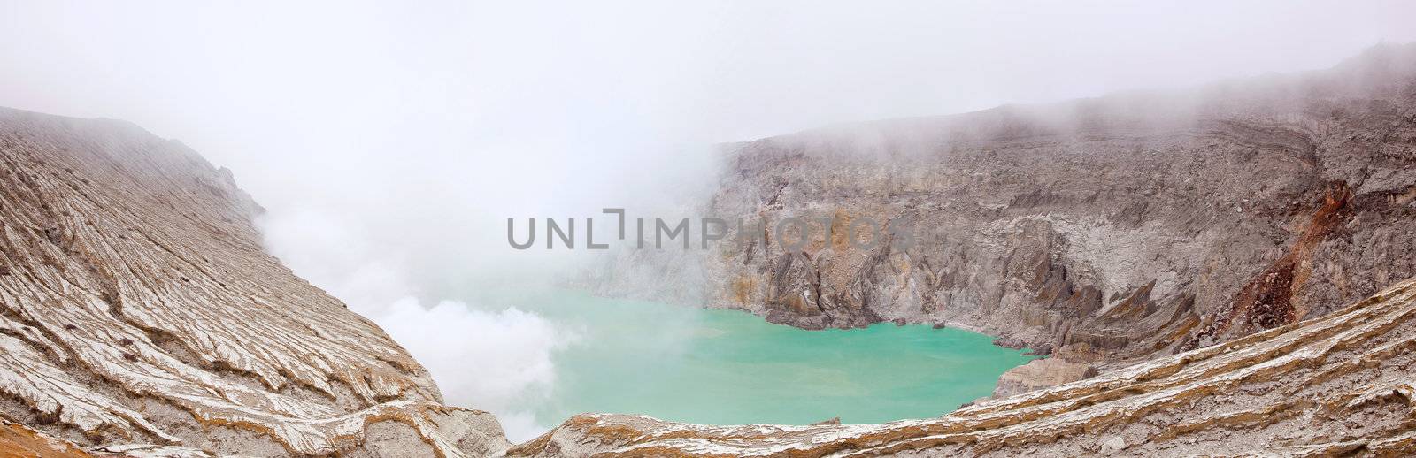 Panorama Crater of volcano Khava Ijen, Sulfur mine in Java Island Indonesia.