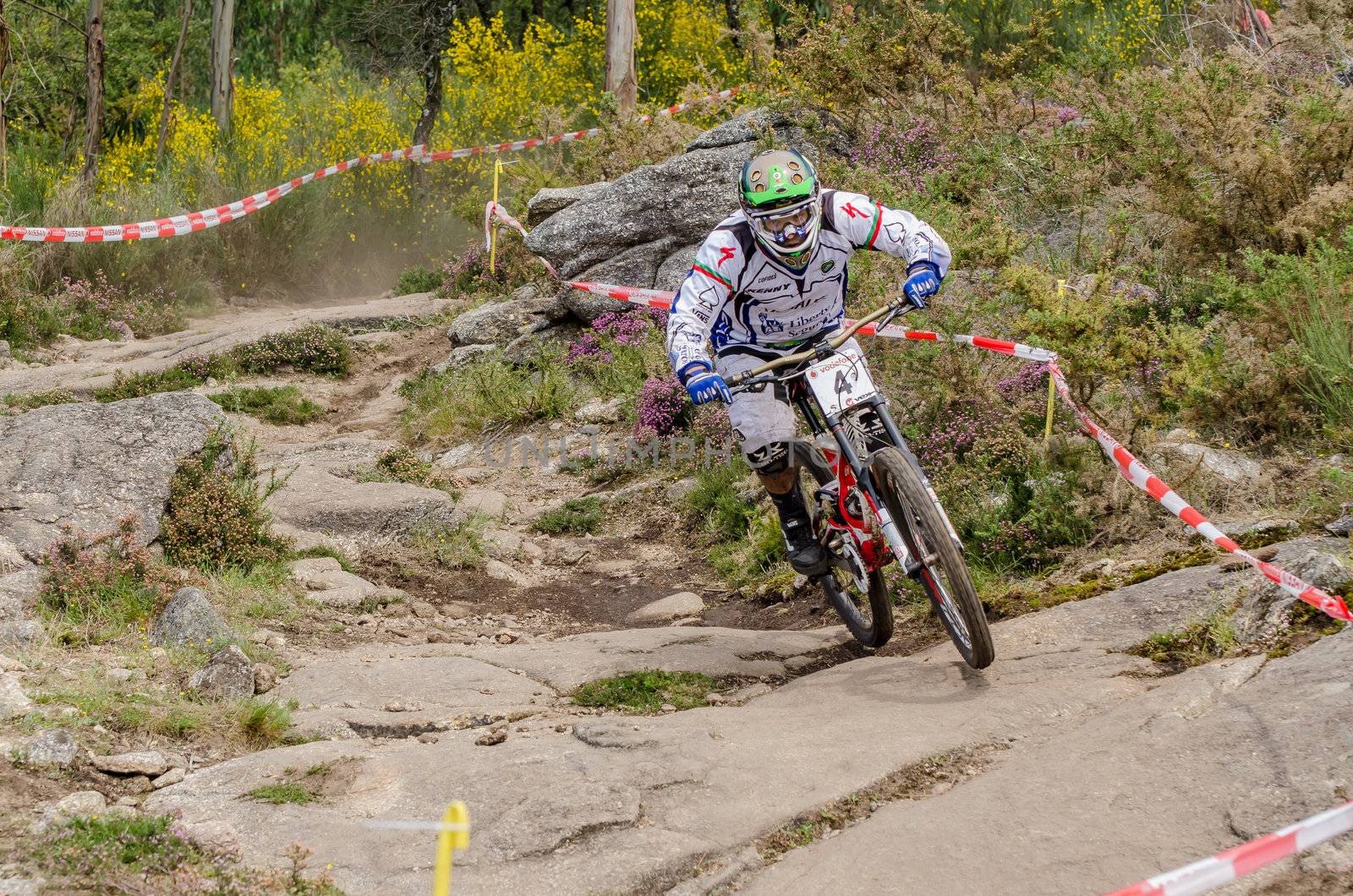 VIANA DO CASTELO, PORTUGAL - MAY 13: Daniel Pombo on a rocky terrain on the 4th Stage of the Taca de Portugal Downhill Vodafone on may 13, 2012 in Viana do Castelo, Portugal.