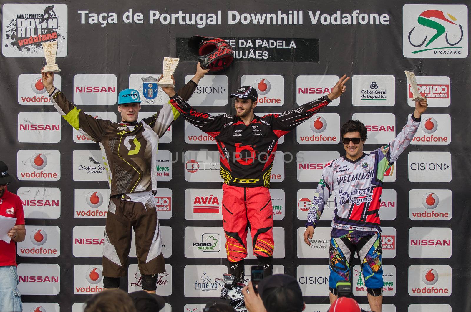 VIANA DO CASTELO, PORTUGAL - MAY 13: Jose Borges, Antonio Pajuelo and Emanuel Pombo at the podium on the 4th Stage of the Taca de Portugal Downhill Vodafone on may 13, 2012 in Viana do Castelo, Portugal.