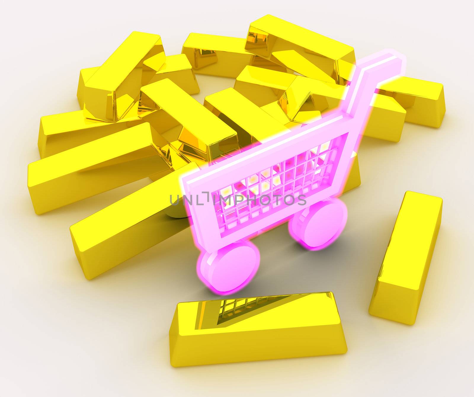 Concept of shopping addiction portrayed by shopping cart glowing in pink color placed near pile of gold bars. Scene rendered and isolated on white background.