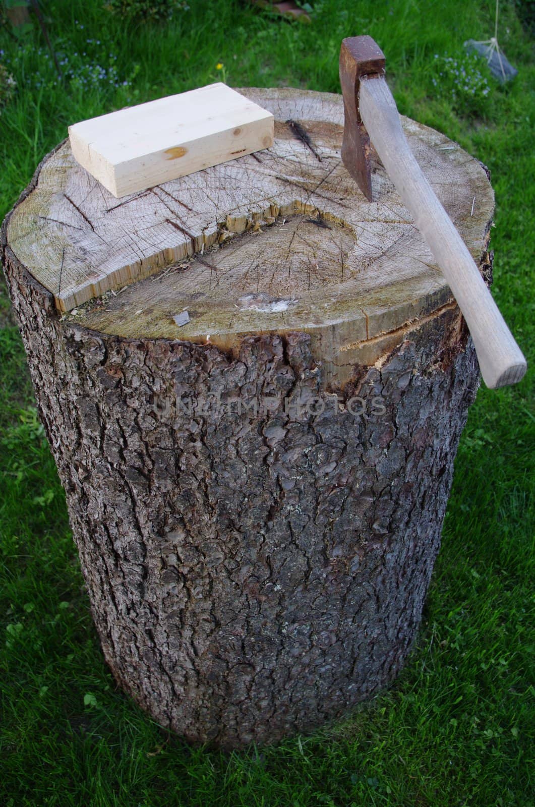 a axe on a stump of wood